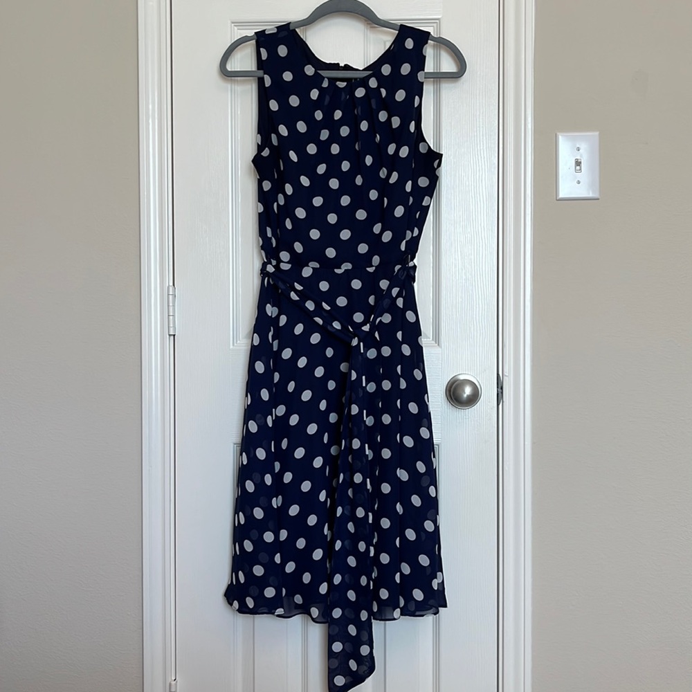 Polka Dot Navy Midi Dress with Waist Tie